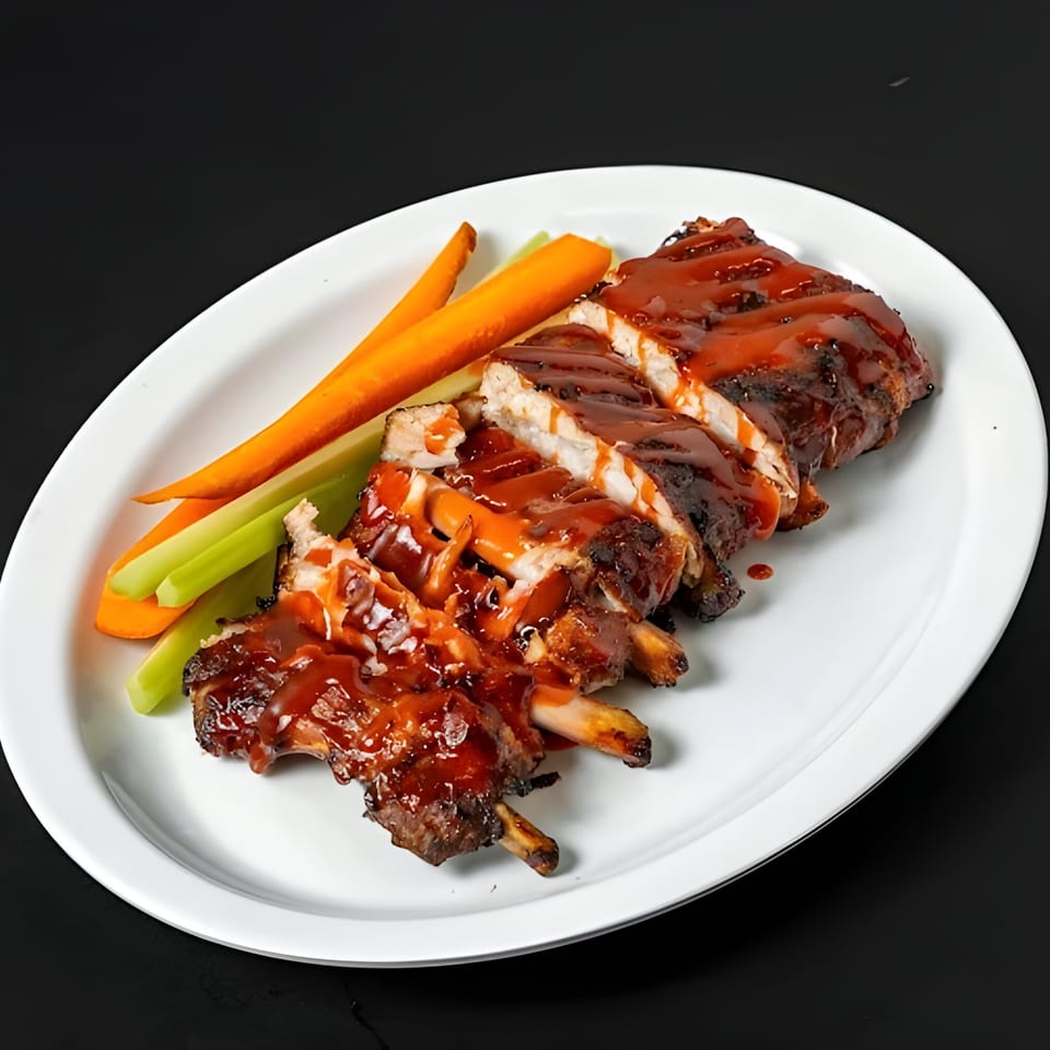 Ribs on the Run BBQ ribs, sliced and drizzled with sauce, served with carrot and celery sticks.