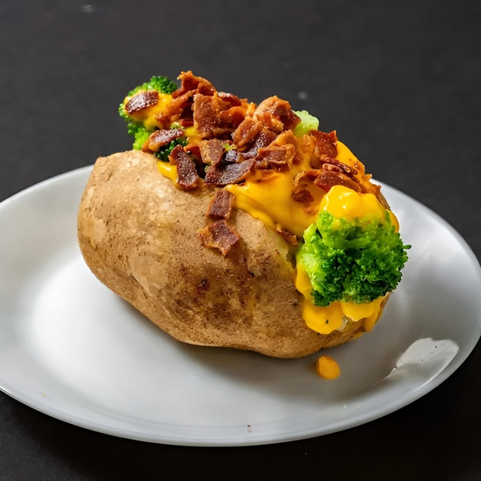 Baked potato topped with melted cheese, broccoli florets, and crispy bacon bits on a white plate.