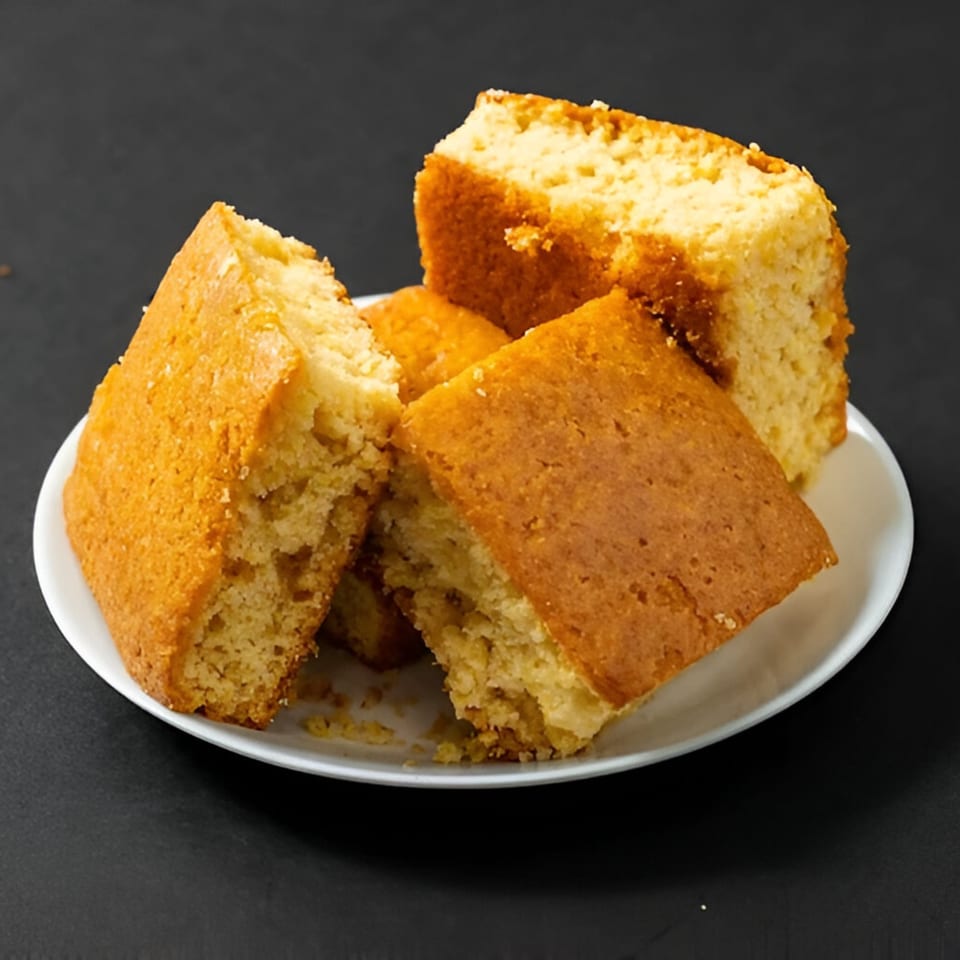 Several golden-brown squares of cornbread, a classic BBQ side, are piled on a white plate.